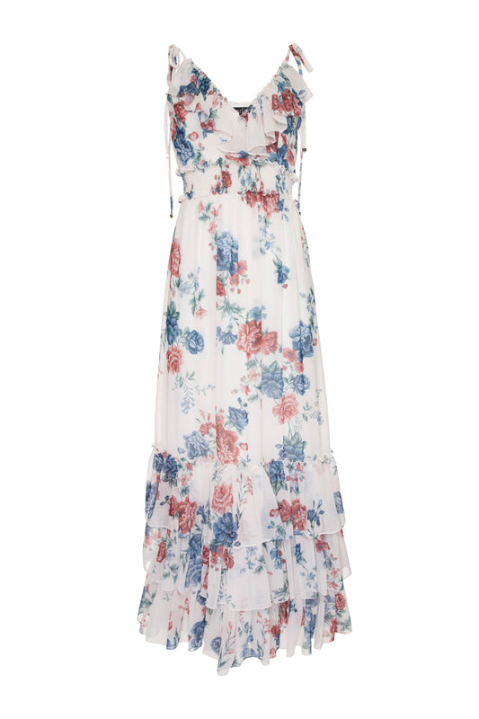 VESTIDO LONGO LASTEX FLORAL OLGA OFF WHITE