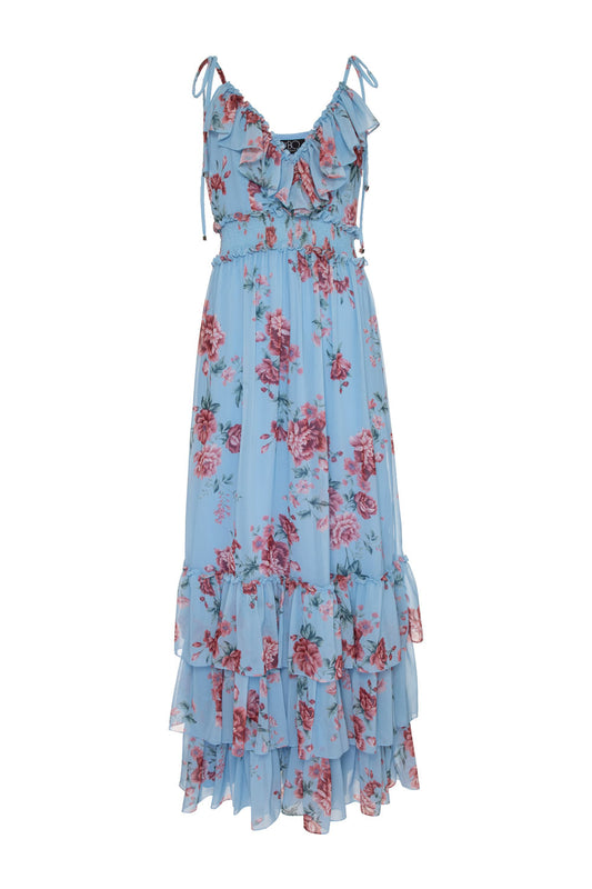 VESTIDO LONGO LASTEX FLORAL OLGA AZUL