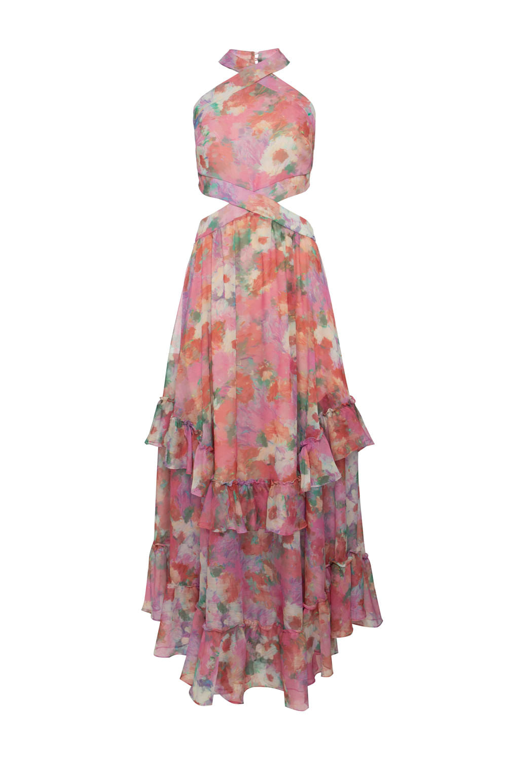 VESTIDO LONGO FRENTE ÚNICA GARDEN COSMOS ROSA