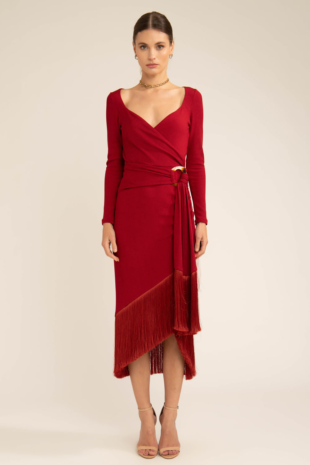 VESTIDO MIDI GEMINI COM DECOTE CORAÇÃO VERMELHO