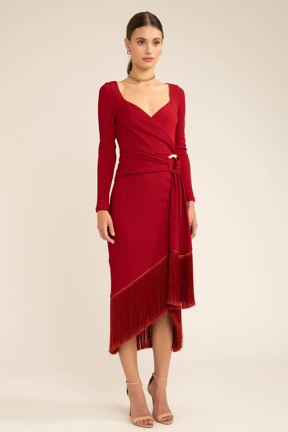 VESTIDO MIDI GEMINI COM DECOTE CORAÇÃO VERMELHO