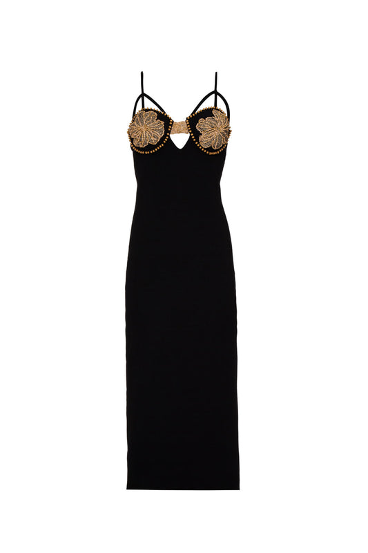 VESTIDO MÍDI BUSTO BORDADO GEMINI PRETO