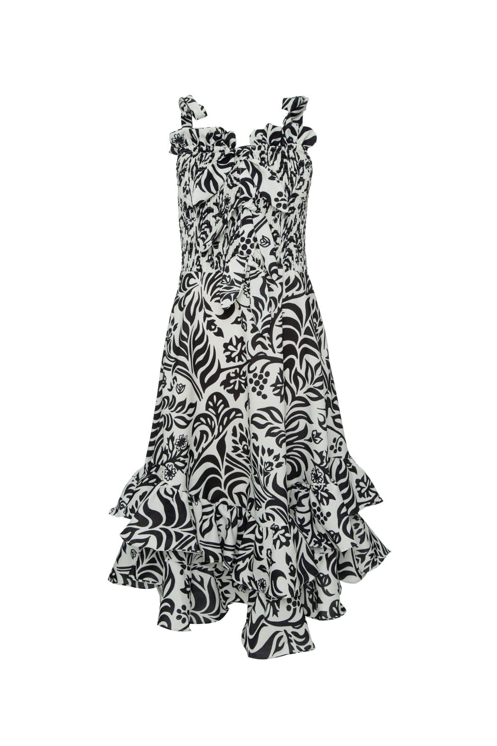 VESTIDO MÍDI ASSIMÉTRICO TROPICAL GRÁFICO OFF WHITE