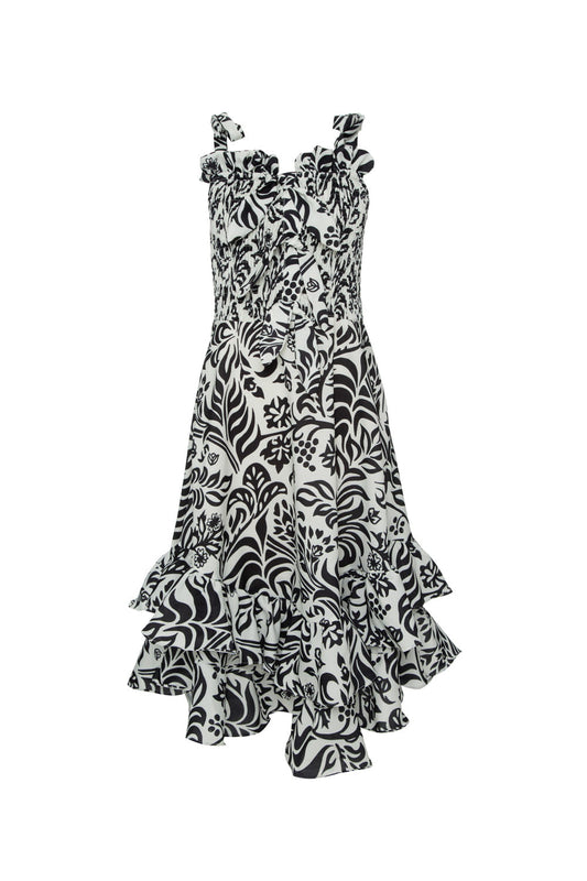 VESTIDO MÍDI ASSIMÉTRICO TROPICAL GRÁFICO OFF WHITE