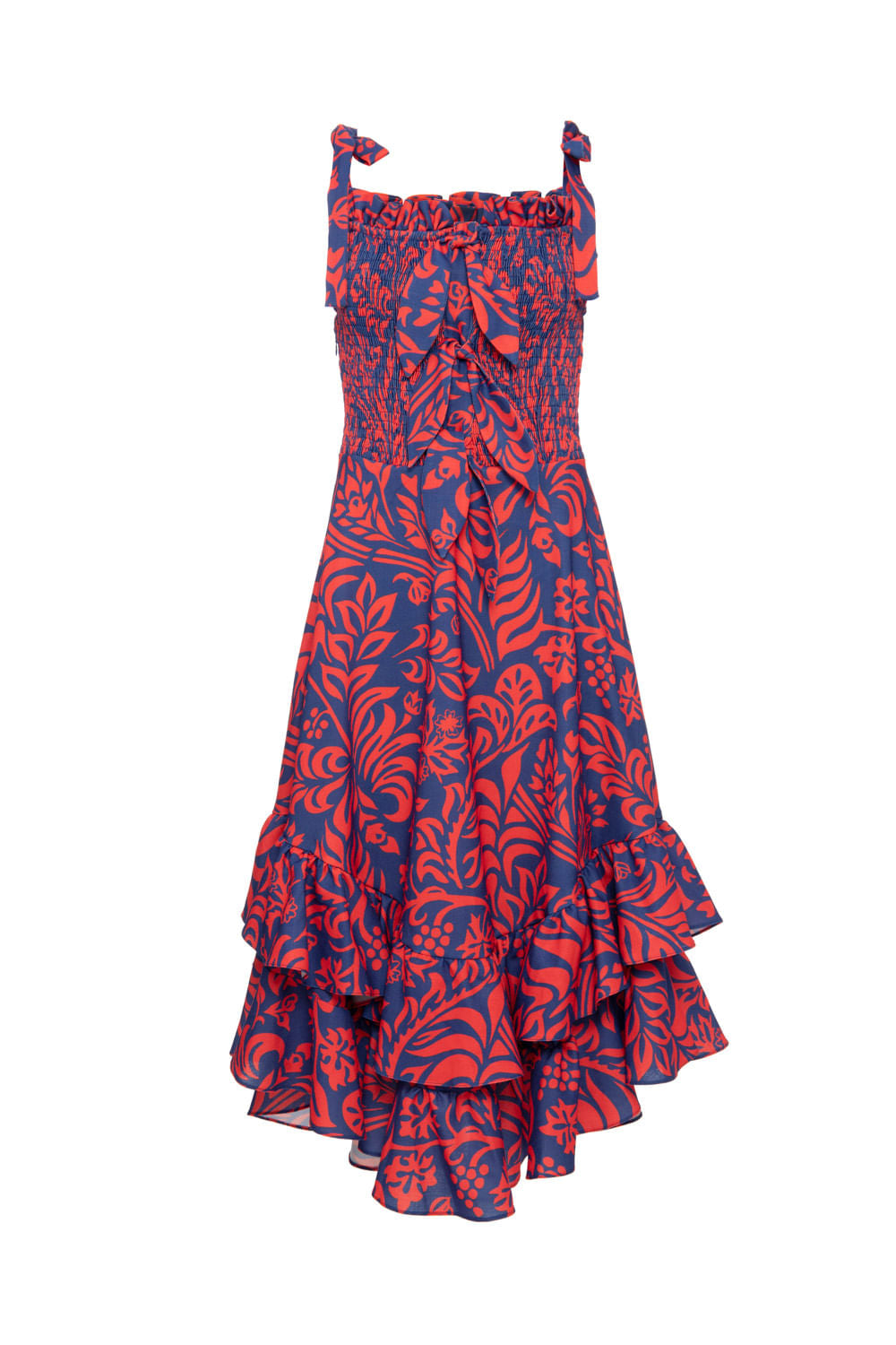 VESTIDO MÍDI ASSIMÉTRICO TROPICAL GRÁFICO AZUL
