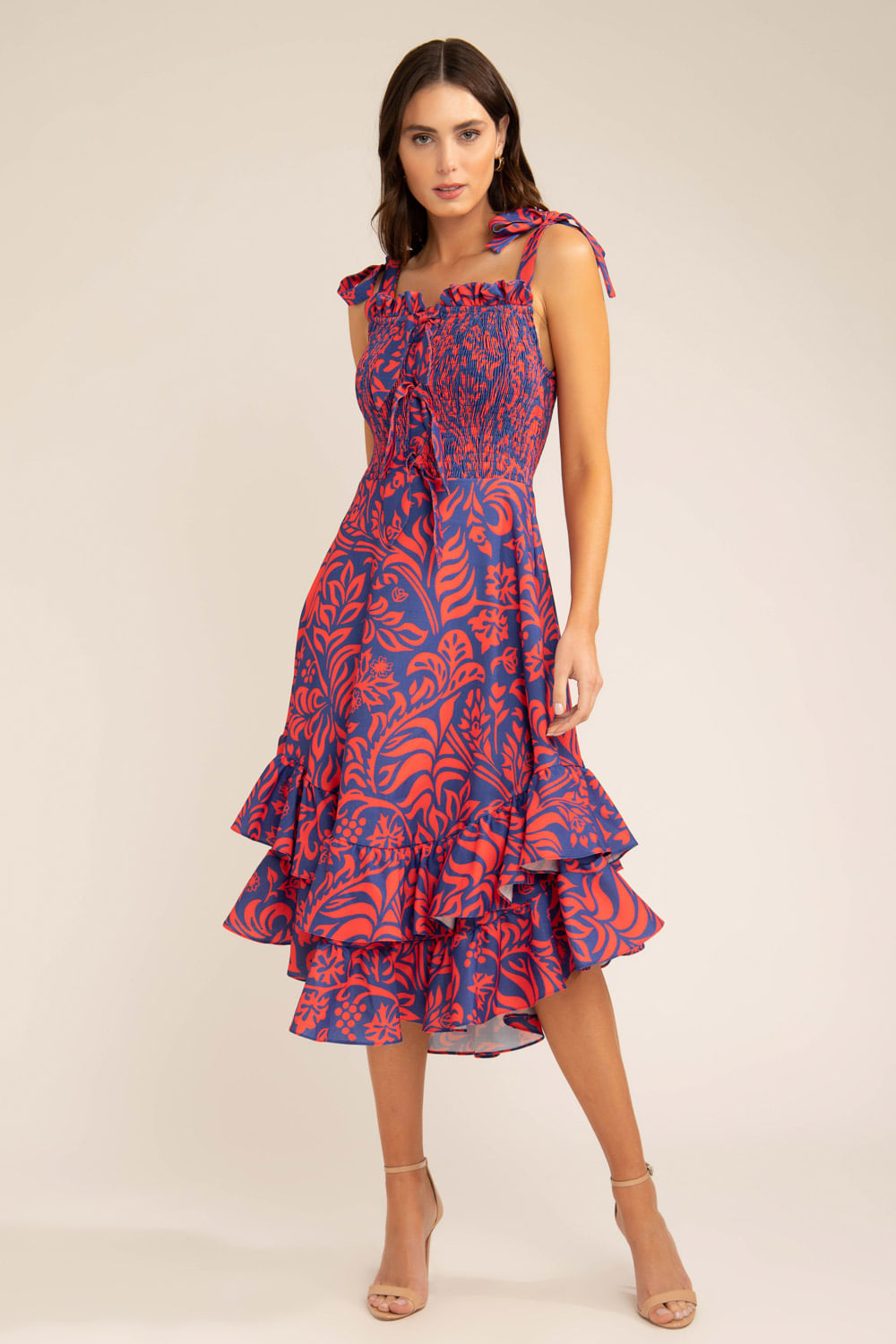 VESTIDO MÍDI ASSIMÉTRICO TROPICAL GRÁFICO AZUL