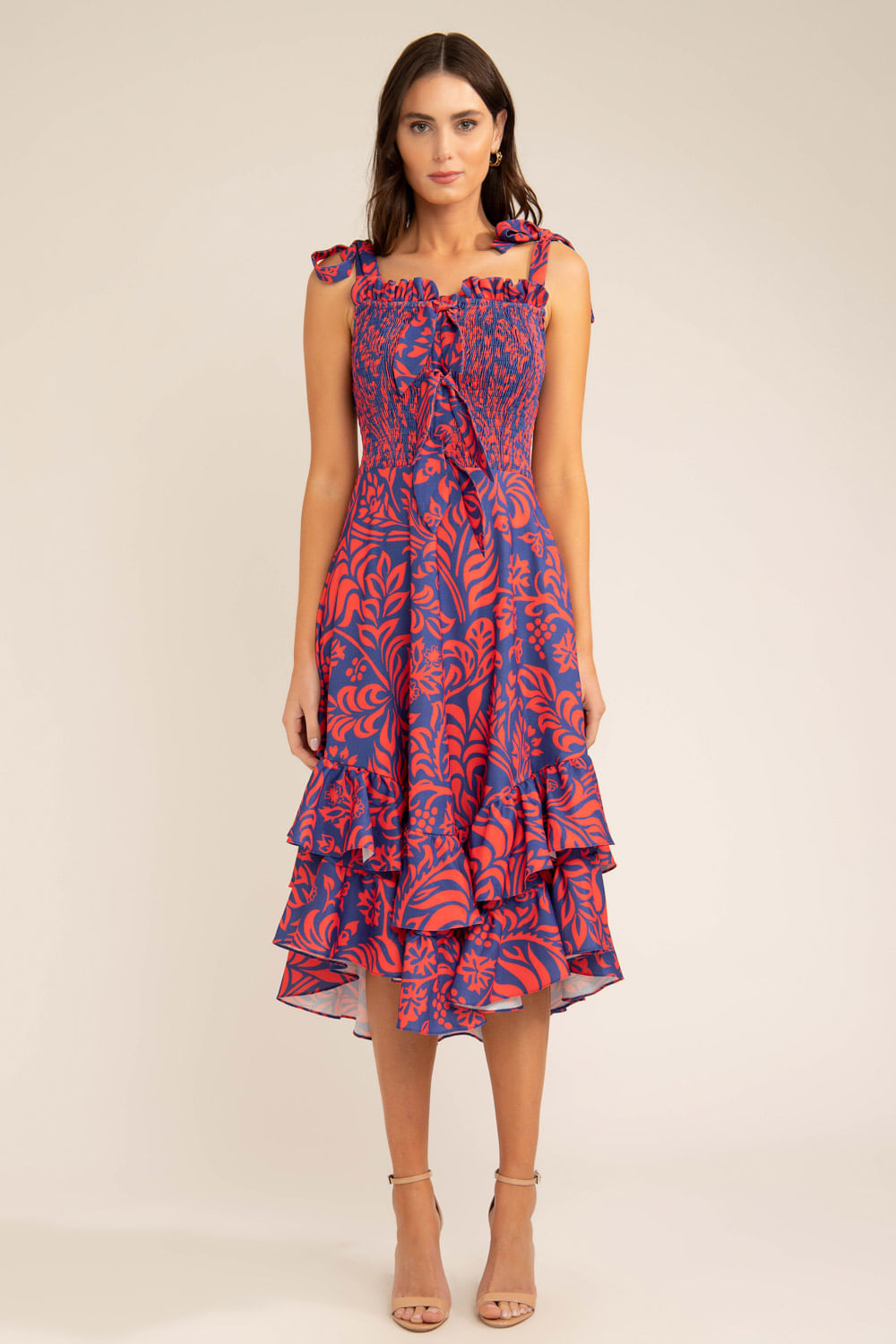 VESTIDO MÍDI ASSIMÉTRICO TROPICAL GRÁFICO AZUL