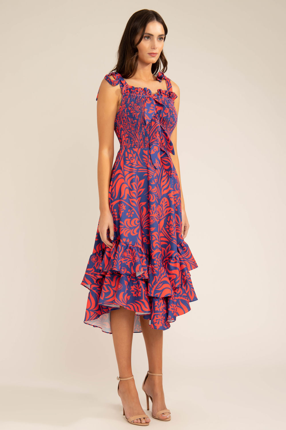 VESTIDO MÍDI ASSIMÉTRICO TROPICAL GRÁFICO AZUL