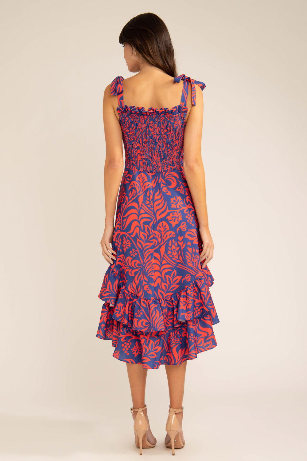 VESTIDO MÍDI ASSIMÉTRICO TROPICAL GRÁFICO AZUL