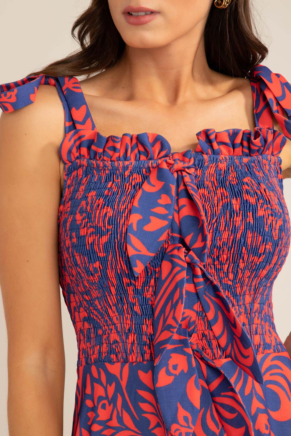 VESTIDO MÍDI ASSIMÉTRICO TROPICAL GRÁFICO AZUL