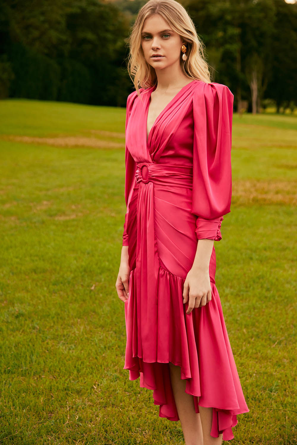 VESTIDO MÍDI CETIM STATEMENT PINK