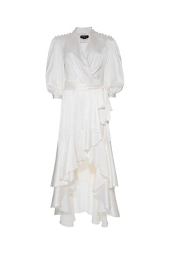 VESTIDO MÍDI ASSIMÉTRICO CETIM STATEMENT OFF WHITE