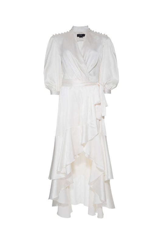 VESTIDO MÍDI ASSIMÉTRICO CETIM STATEMENT OFF WHITE