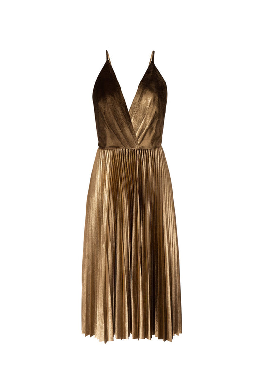 VESTIDO MÍDI PLISSADO GOLDEN VELVET DOURADO