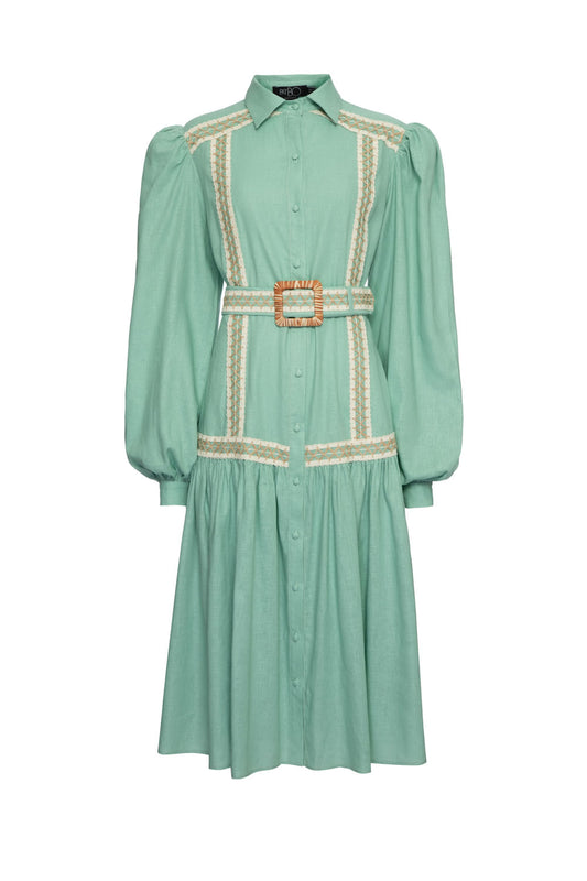 VESTIDO MÍDI LINHO ENTREMEIO VERDE