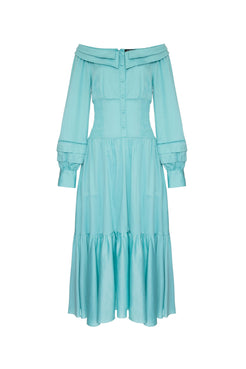 VESTIDO MÍDI OMBRO A OMBRO AZUL