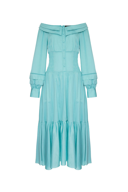 VESTIDO MÍDI OMBRO A OMBRO AZUL