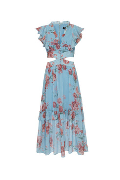 VESTIDO MÍDI RECORTES FLORAL OLGA AZUL