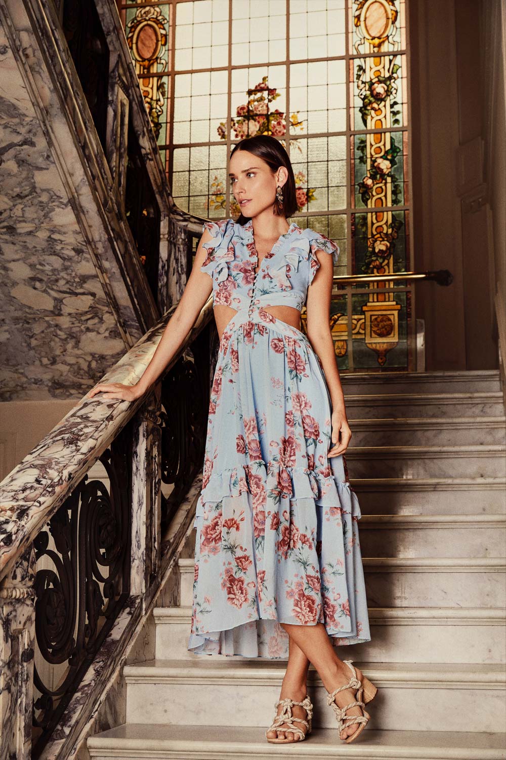 VESTIDO MÍDI RECORTES FLORAL OLGA AZUL