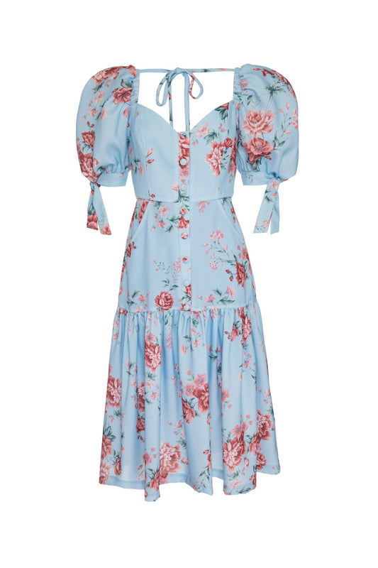 VESTIDO MÍDI BOTÕES FLORAL OLGA AZUL