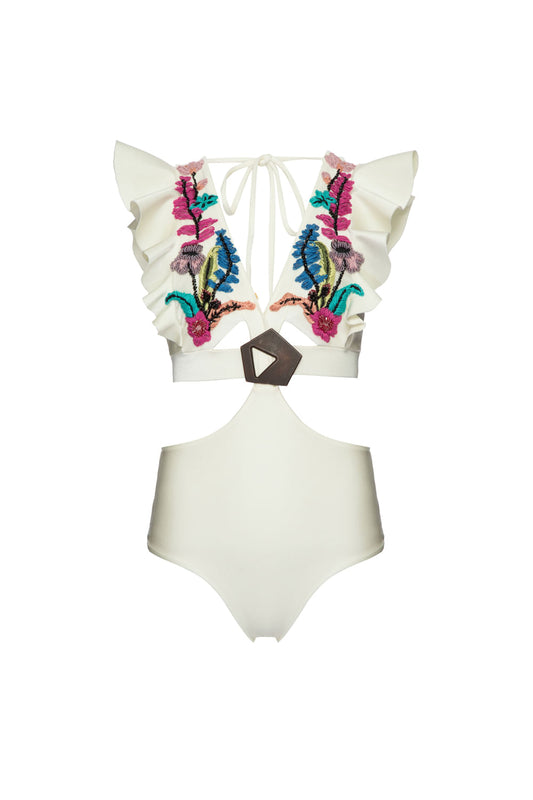BODY DE BEACH ROSA SELVAGEM COM BORDADO E TELA OFF WHITE