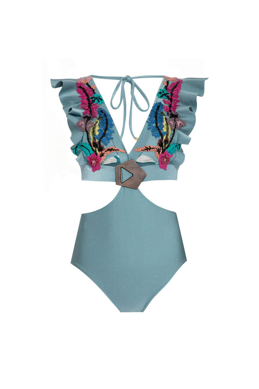 BODY DE BEACH ROSA SELVAGEM COM BORDADO E TELA AZUL