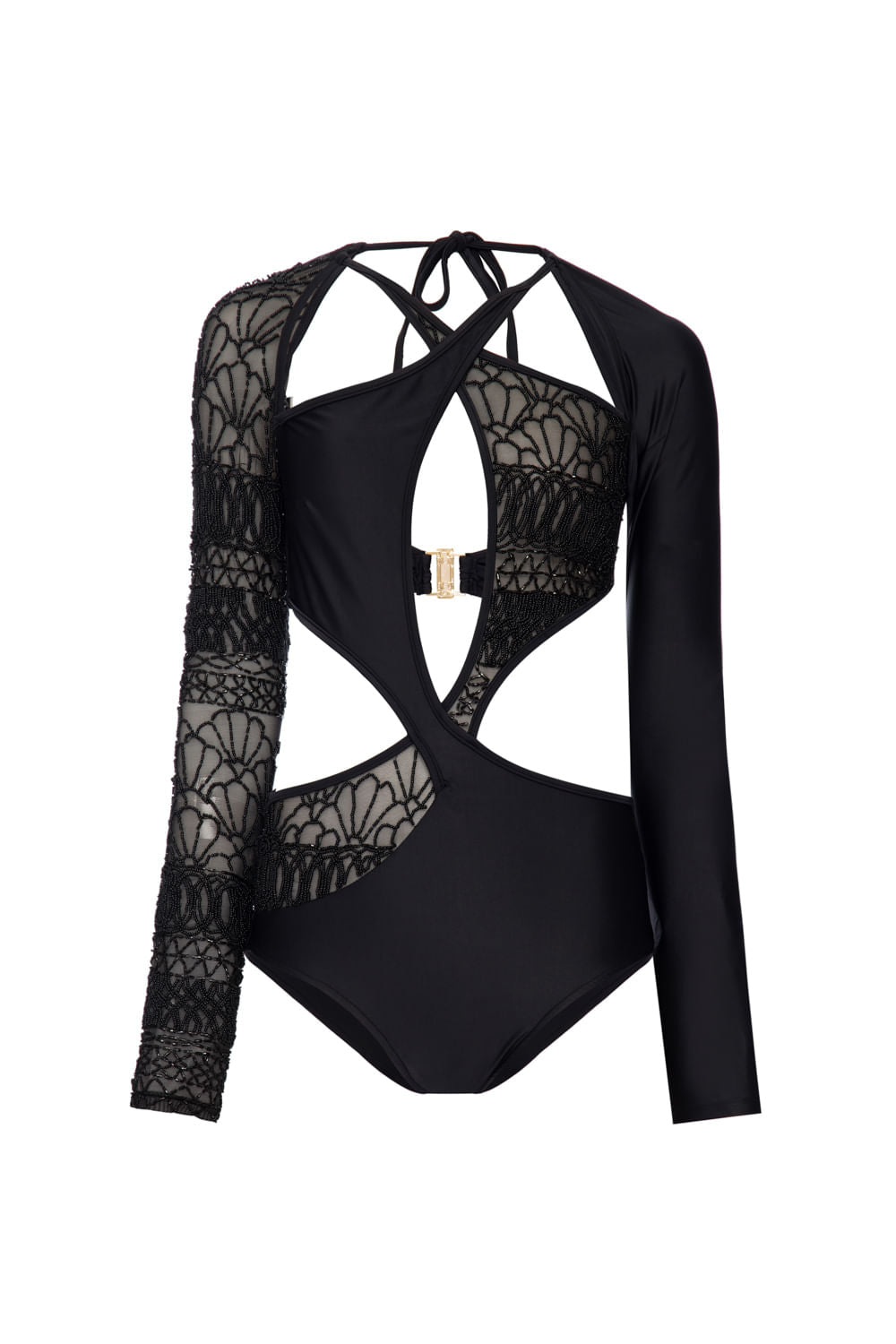 BODY DE BEACH LYCRA PRETA COM TULE BORDADO PRETO