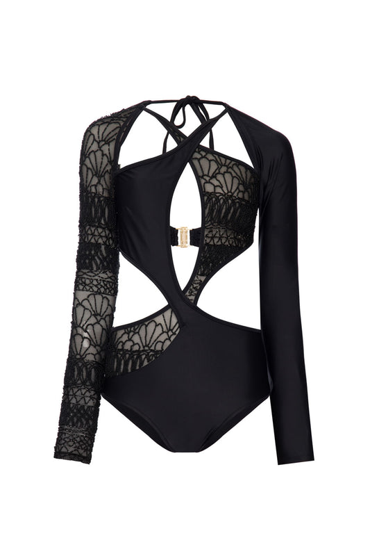 BODY DE BEACH LYCRA PRETA COM TULE BORDADO PRETO