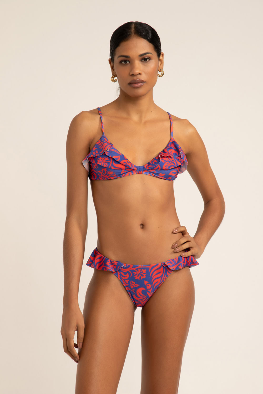 CALCINHA BIQUÍNI BABADO TROPICAL GRÁFICO AZUL