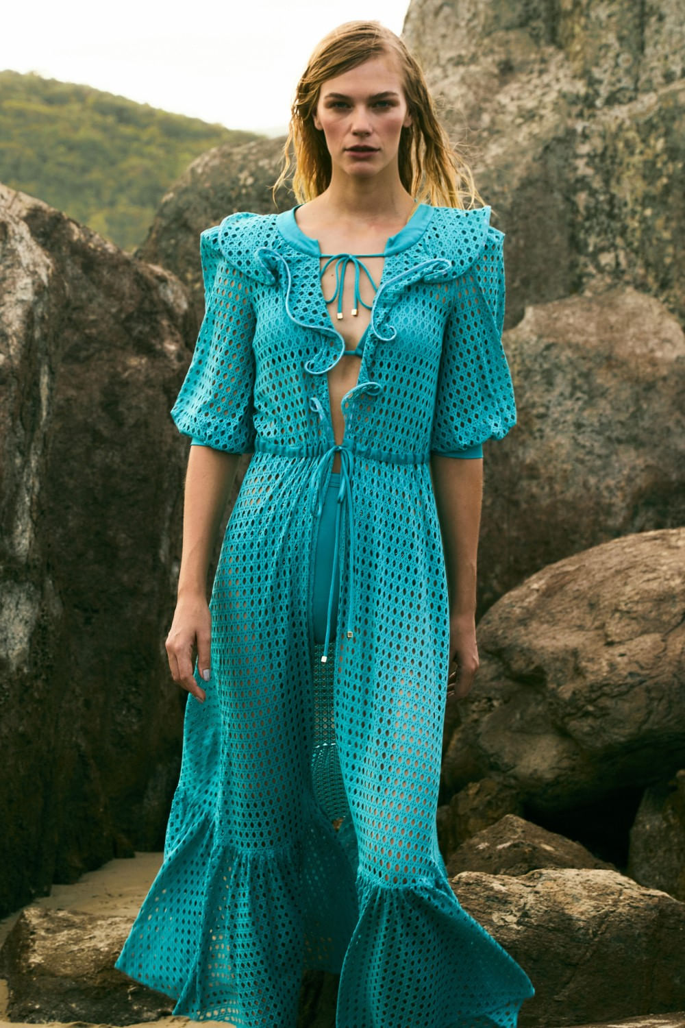 SAÍDA DE PRAIA LONGA TELA LYCRA STRIPS AZUL