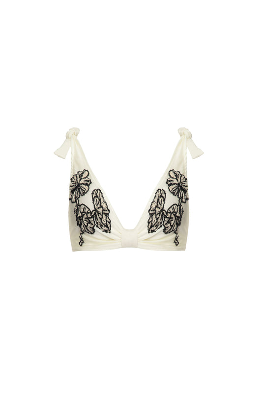TOP DE BEACH ROSA SELVAGEM COM BORDADO E AMARRAÇÃO NO OMBRO INV22 OFF WHITE