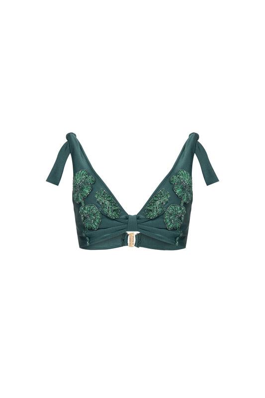 TOP DE BEACH ROSA SELVAGEM COM BORDADO E AMARRAÇÃO NO OMBRO INV22 VERDE