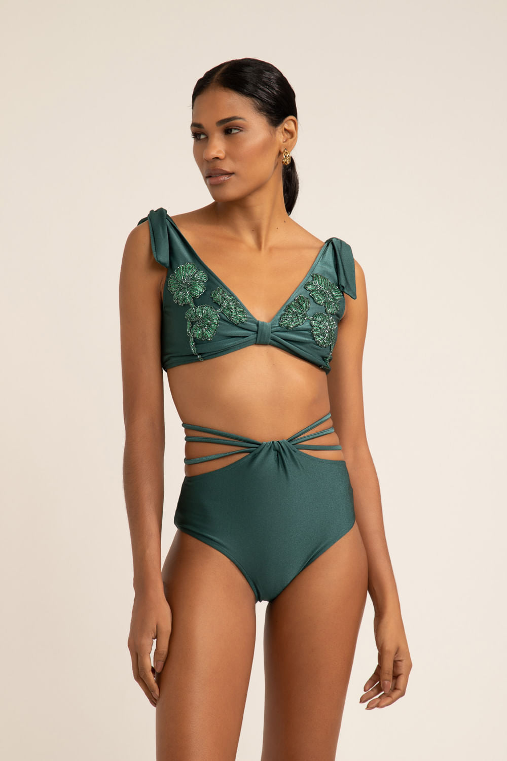 TOP BORDADO ALÇA LAÇO LYCRA STRIPS VERDE