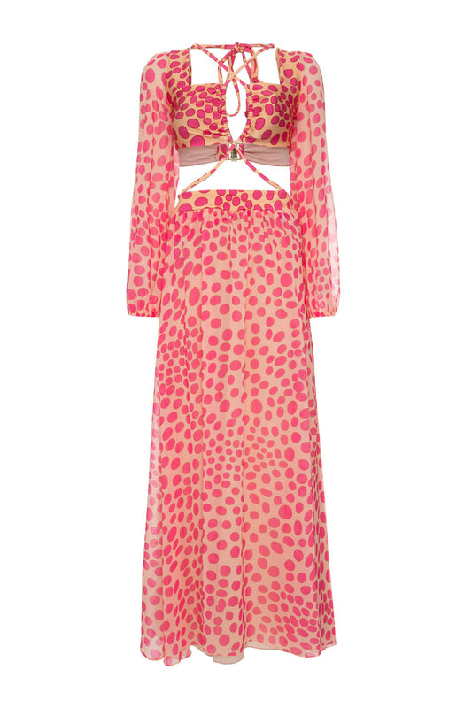 Vestido longo transparência poá bossa rosa