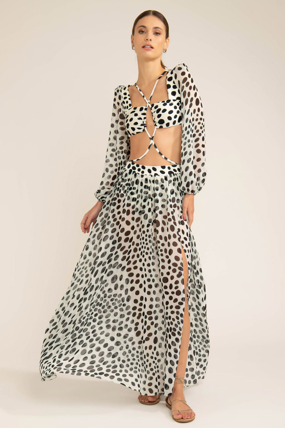 VESTIDO LONGO TRANSPARÊNCIA POÁ BOSSA OFF WHITE