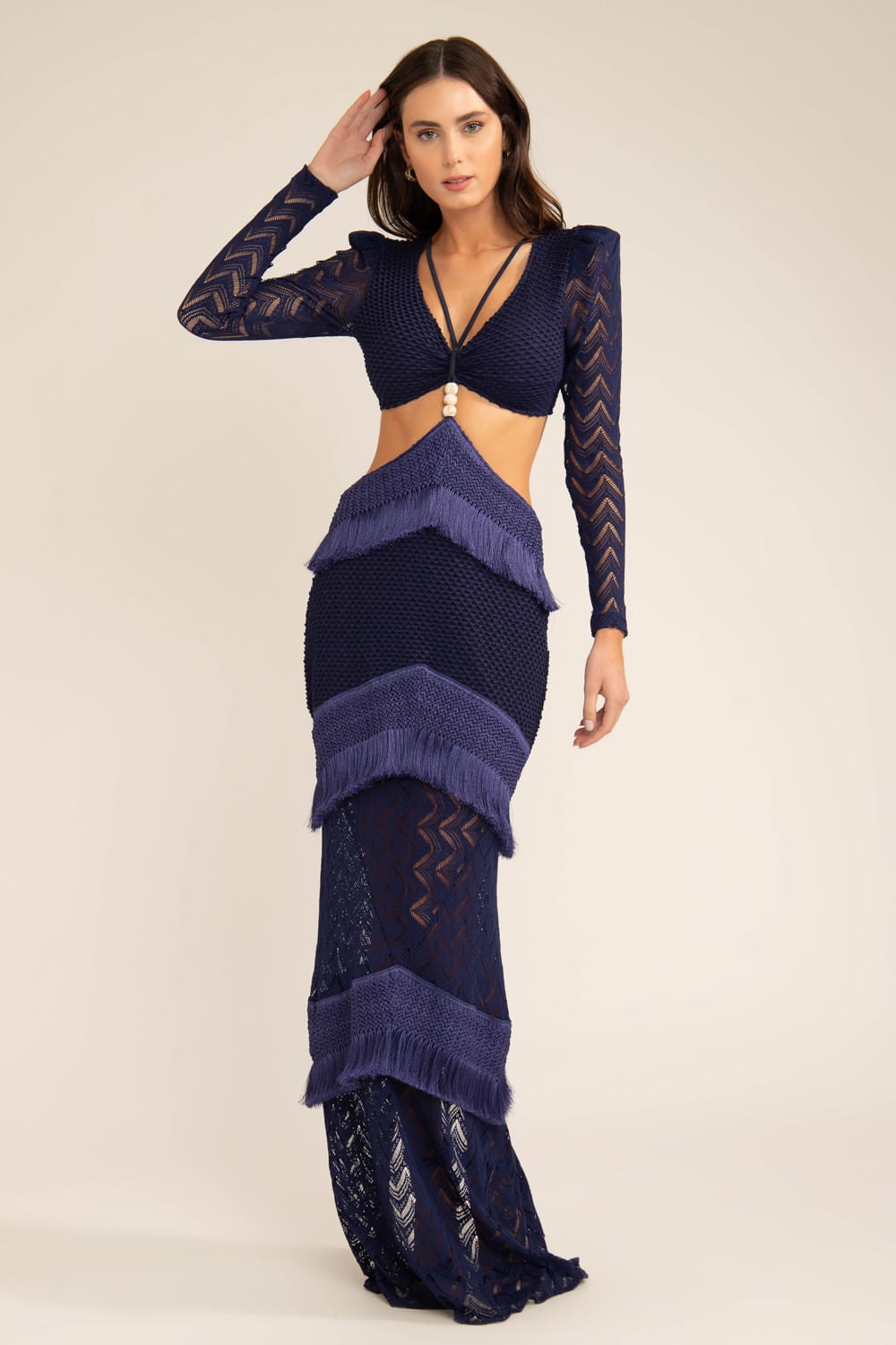 Vestido longo franjas deep dive azul marinho