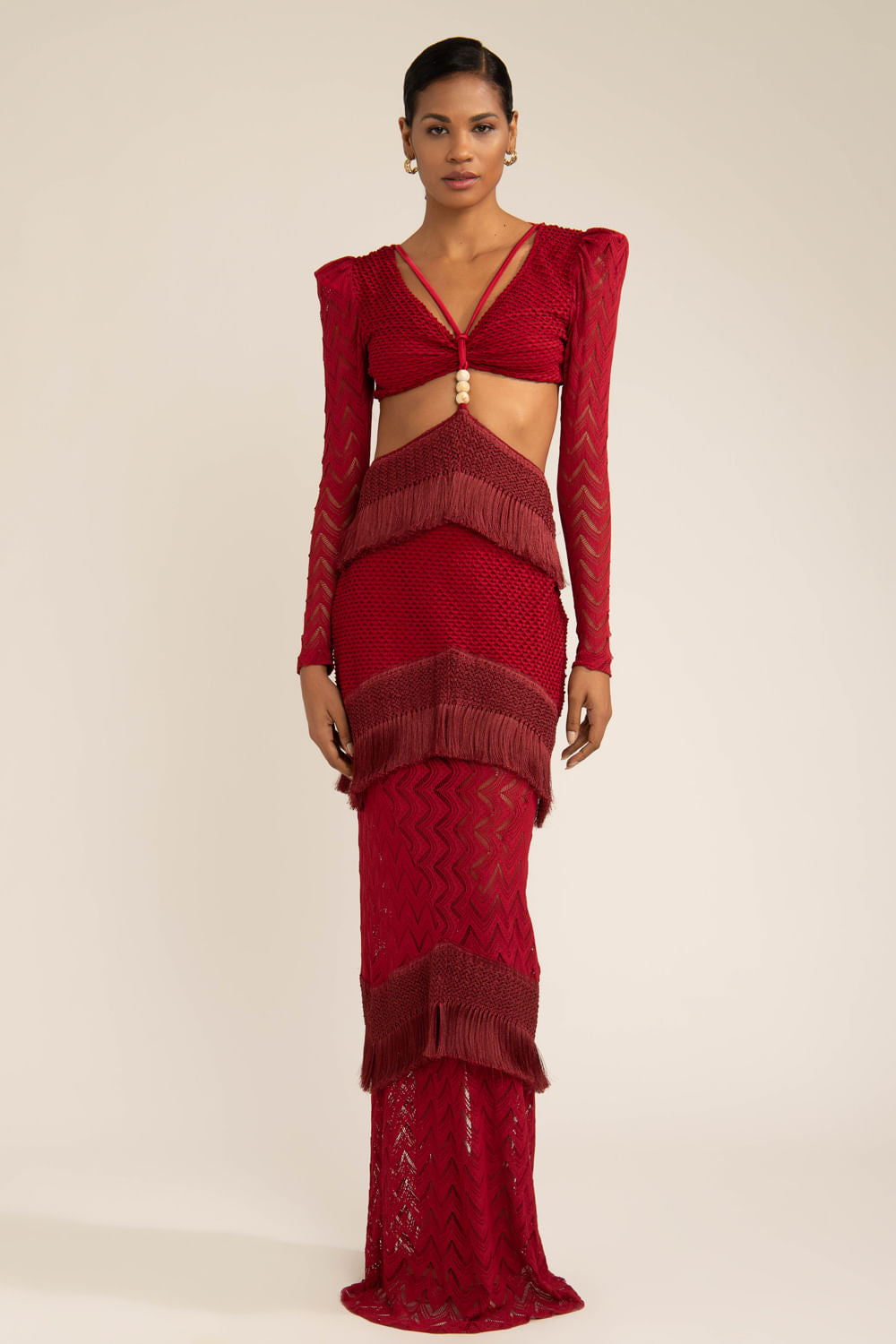 VESTIDO LONGO FRANJAS DEEP DIVE VERMELHO