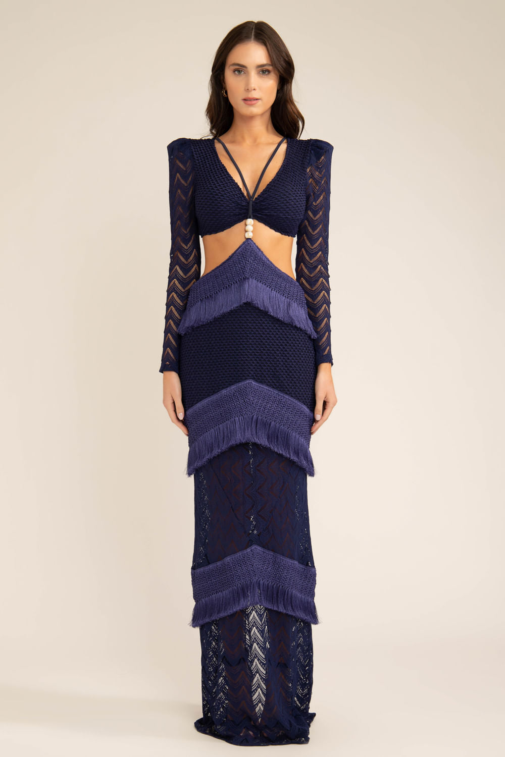 Vestido longo franjas deep dive azul marinho
