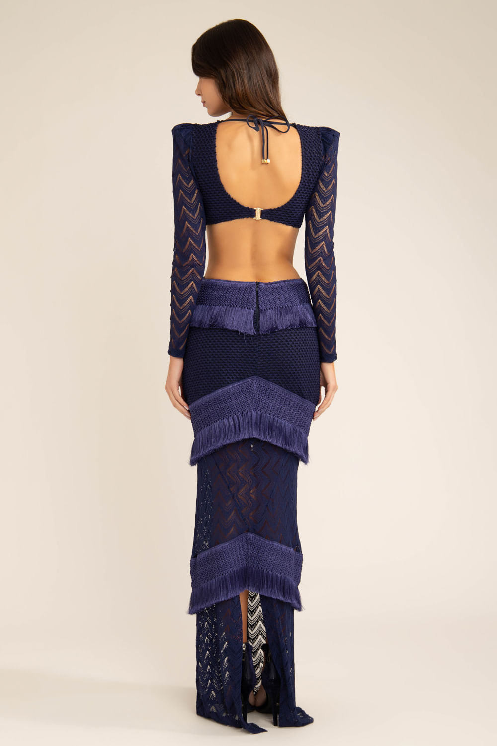 Vestido longo franjas deep dive azul marinho