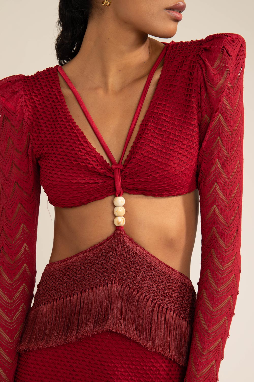 VESTIDO LONGO FRANJAS DEEP DIVE VERMELHO