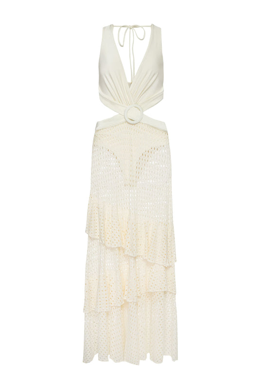 VESTIDO LONGO RECORTES LYCRA STRIPS OFF WHITE