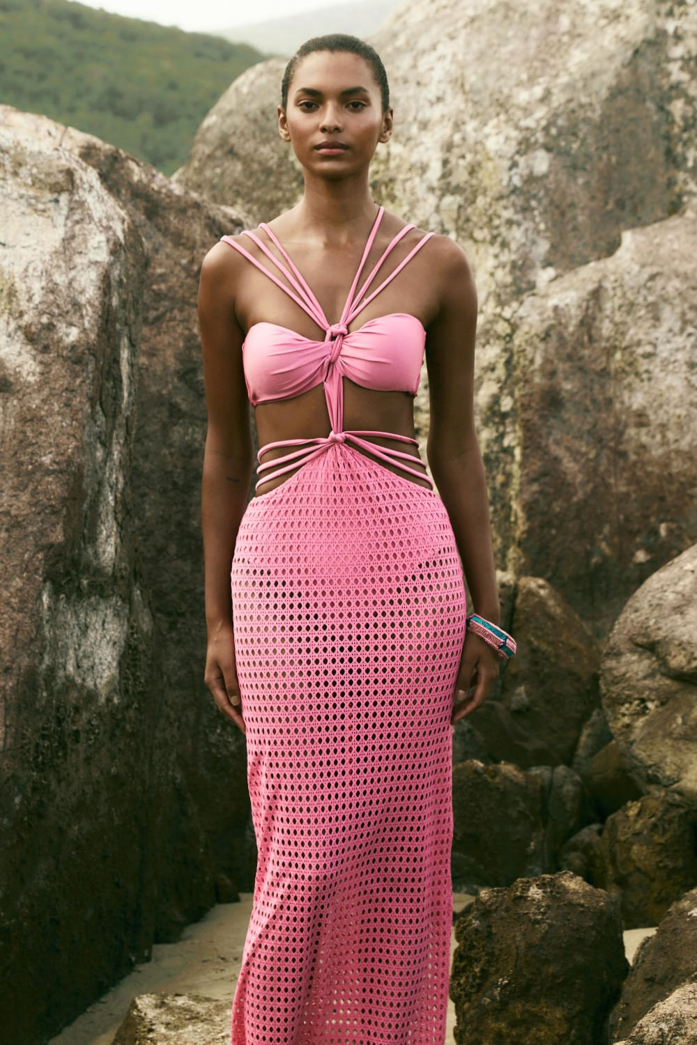 VESTIDO LONGO TIRAS LYCRA STRIPS ROSA