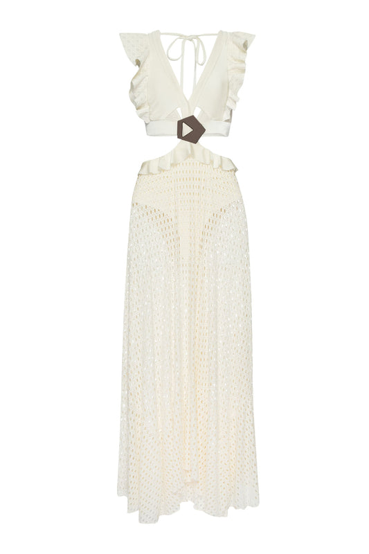 VESTIDO LONGO BABADO LYCRA STRIPS OFF WHITE