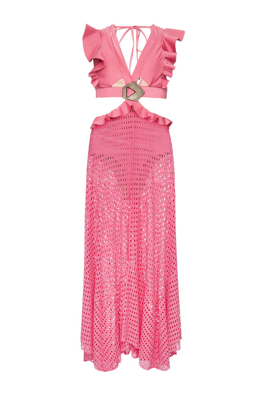 VESTIDO LONGO BABADO LYCRA STRIPS ROSA