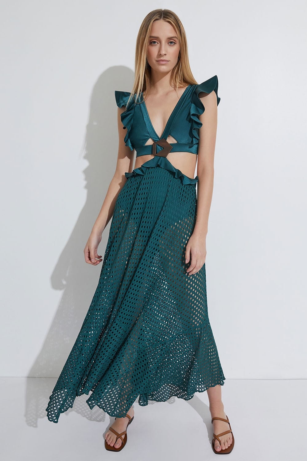 VESTIDO LONGO BABADO LYCRA STRIPS VERDE