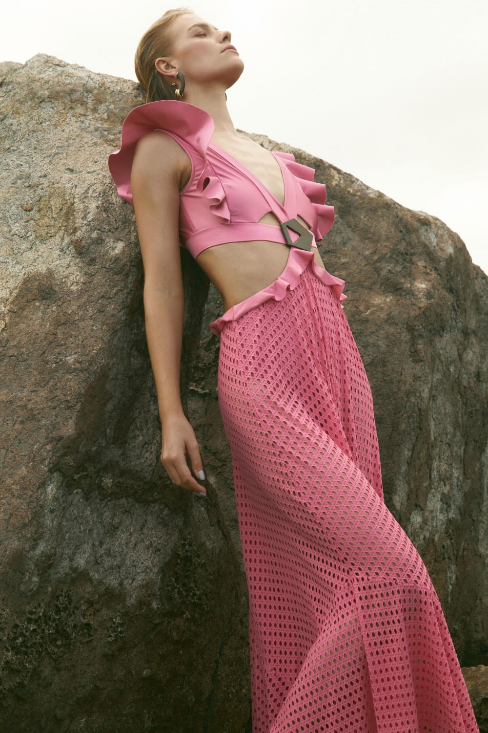 VESTIDO LONGO BABADO LYCRA STRIPS ROSA