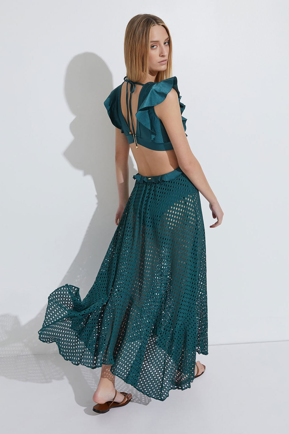 VESTIDO LONGO BABADO LYCRA STRIPS VERDE