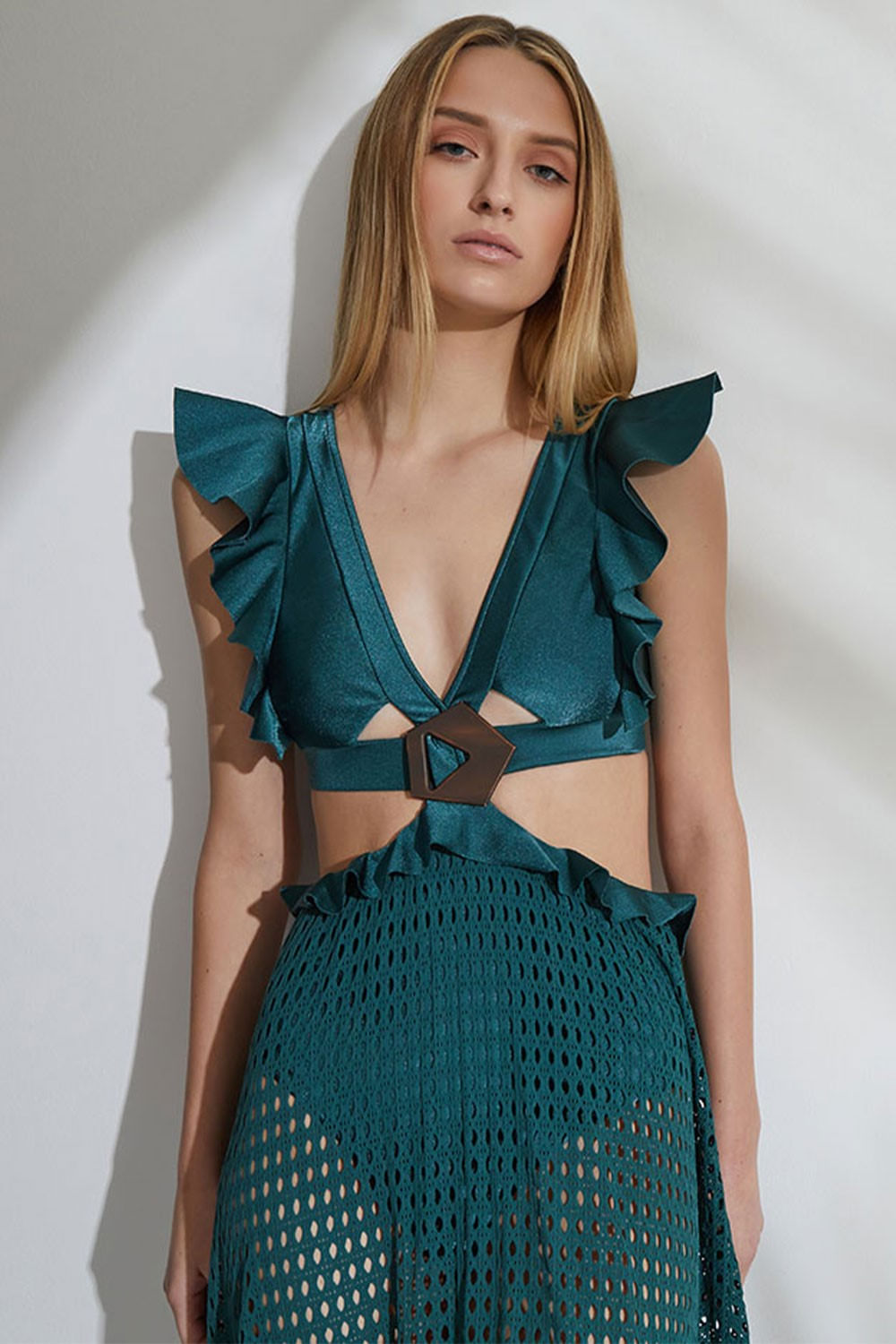 VESTIDO LONGO BABADO LYCRA STRIPS VERDE