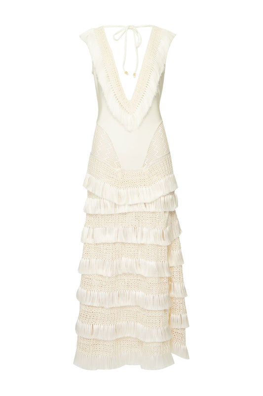 VESTIDO LONGO DECOTE FRANJAS DEEP DIVE
 OFF WHITE