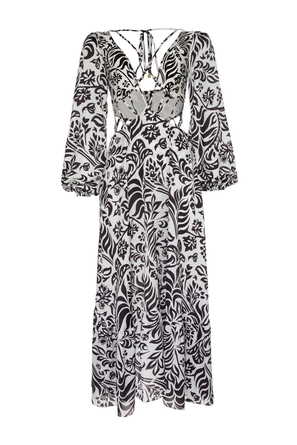 VESTIDO LONGO TIRAS TROPICAL GRÁFICO OFF WHITE